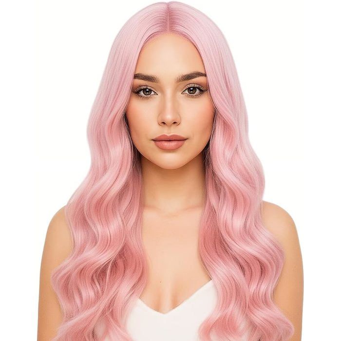 Longue Perruque Ondulée Rose pour Femmes 27/70cm Longs Cheveux Synthétiques Bouclés Perruques Perruques Bouclée Femme