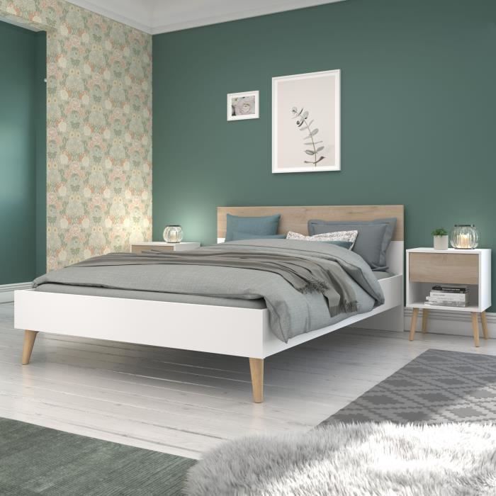 Parisot Lit adulte - AALBORG - 160 x 200 cm - Blanc / Chene
