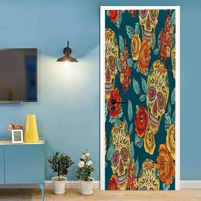 Peinture Murale 3D Stickers Porte Trompe L'Oeil Scènes Multiples 77x200cm - Autocollant Amovible