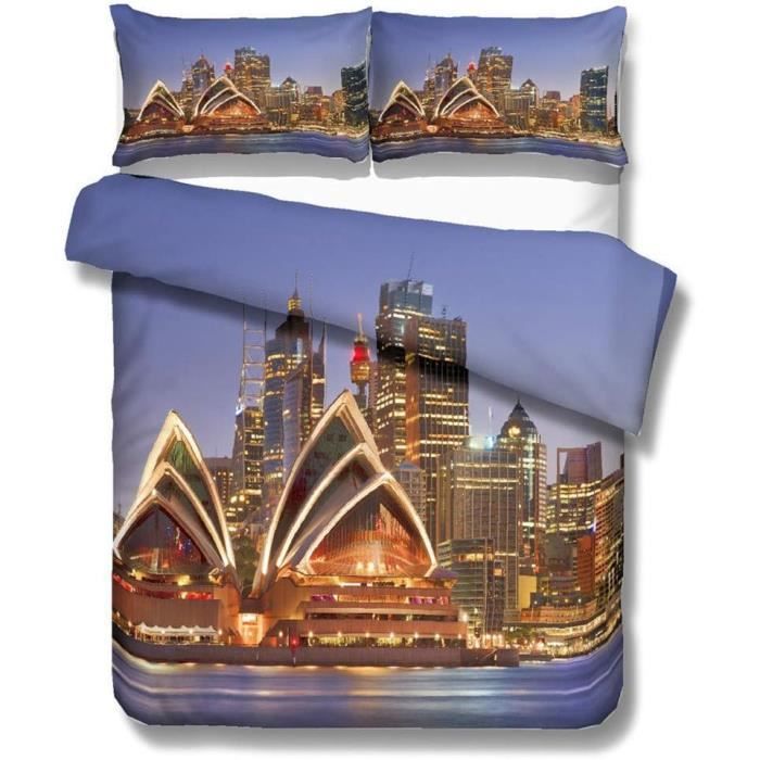 Sticker Superb. Parure Lit Homme 2 Personnes Vue Ville 3D New York Londres Italie Los Angeles City Bleu Gris Orange Microfibre Adulte Housse Couette