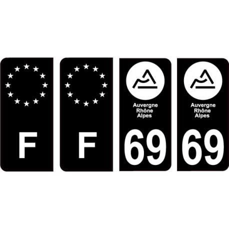 69 Rhône nouveau logo Noir autocollant plaque immatriculation auto ville sticker Lot de 4 Stickers - Angles : arrondis