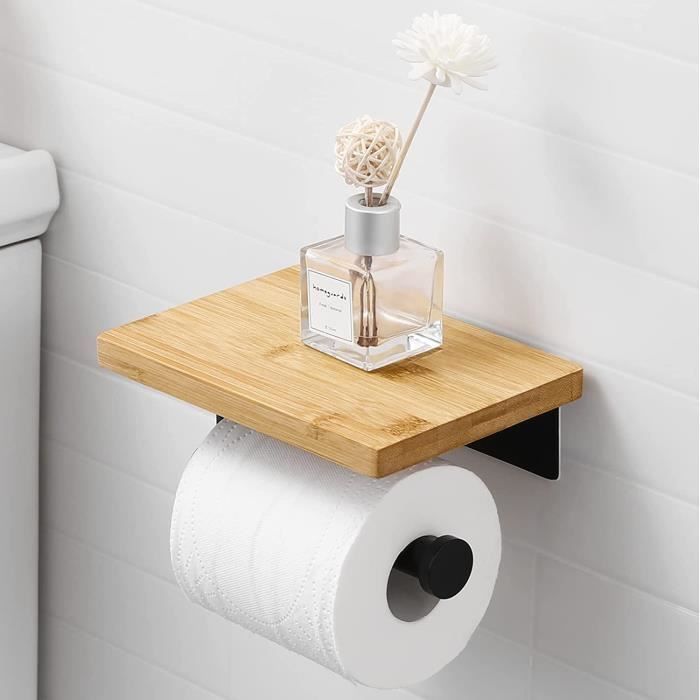 Dérouleur Porte Papier Toilette avec étagère - Tablette en Bois et