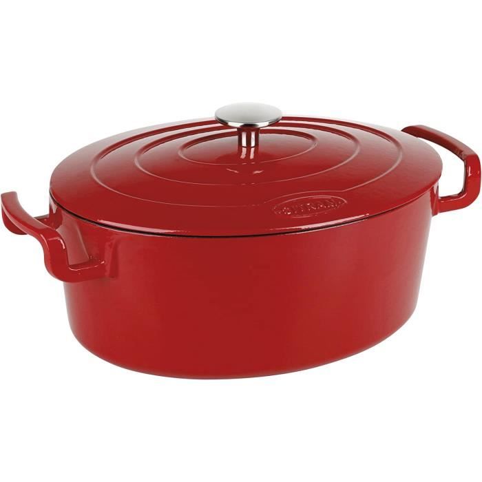 COCOTTE ovale en fonte émaillée grande capacité 6,5 litres Extérieur rouge brillant, intérieur