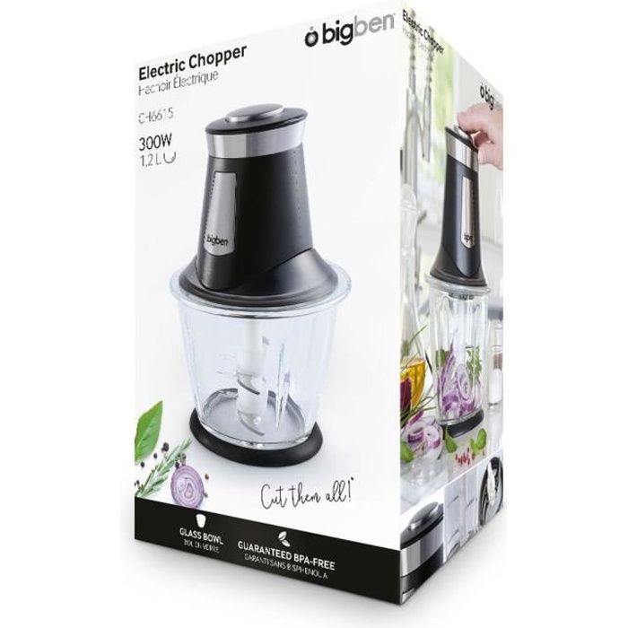 Hachoir électrique - Bigben Interactive - CH6615 - Puissance 300W - Bol en verre - Capacité 1.2L