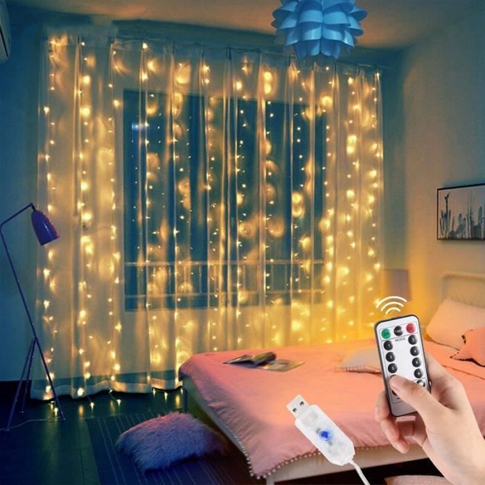 Guirlande Lumineuse Rideau LED 3x3 M - 300 LED, 8 Modes - Télécommande, Minuterie, Luminosité Réglable - IP65 - USB