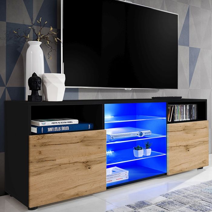 Meuble TV Urbino Komodee - LED bleues - Bois Naturel Mat et Noir - Facades en Matt - 140 x 53 x 35 cm Meuble TV Urbino Komodee - LED bleues - Bois Naturel Mat et Noir - Facades en Matt - 140 x 53 x 35 cm