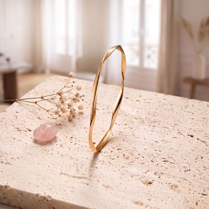 Bracelet - Jonc - Rigide - Torsadé - Plaqué Or Jaune 750/1000 - 63 mm - Femme/Enfant