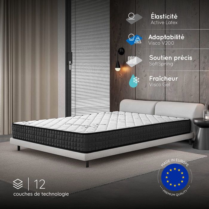 Matelas GAMMA 140x190 cm-Hybride-Ressorts Ensachés-Mémoire de Forme-Mousse HR 35 kg-Latex-Confort mi-ferme-Réversible-26 cm
