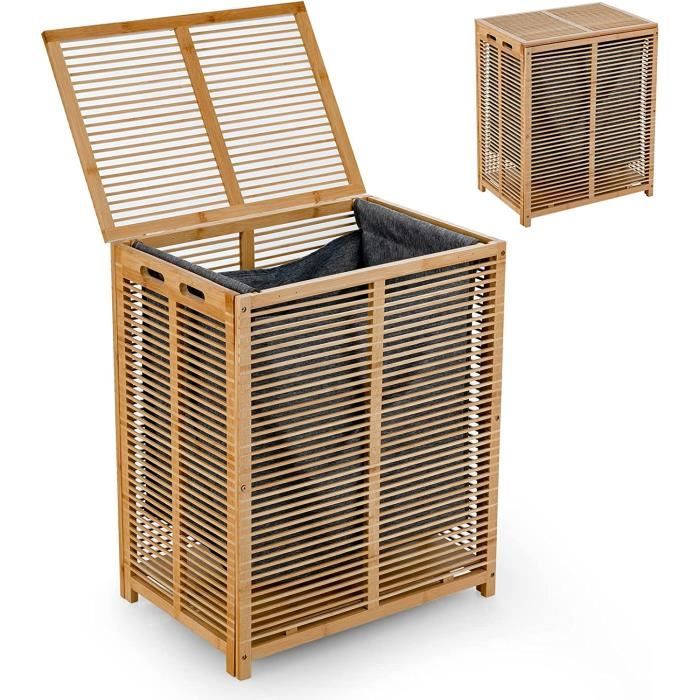GOPLUS Panier à Linge en Bambou de 80 LCoffre à Linge avec Couvercle&Sac à Linge Amovible pour le Linge Salepour Salle de Bain