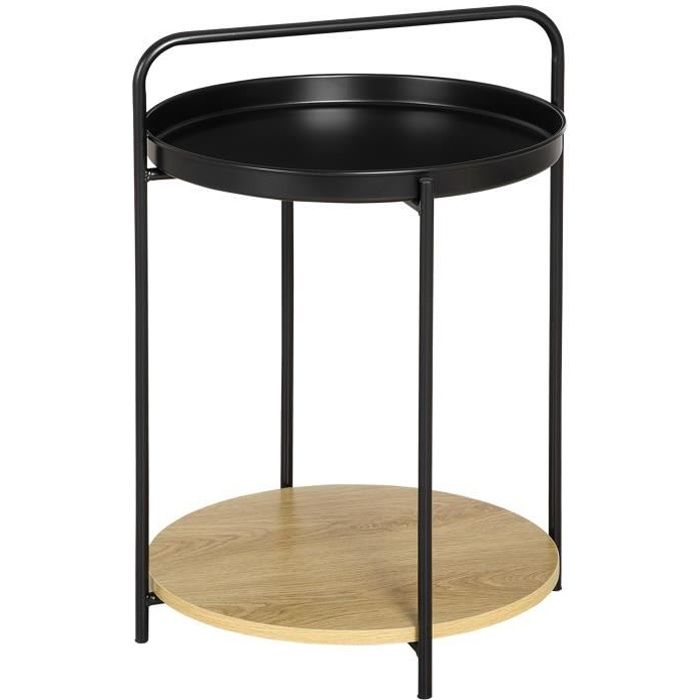 table d'appoint guéridon bout de canapé design néo-rétro plateau étagère amovibles acier noir aspect chêne clair 43x42x60cm noir