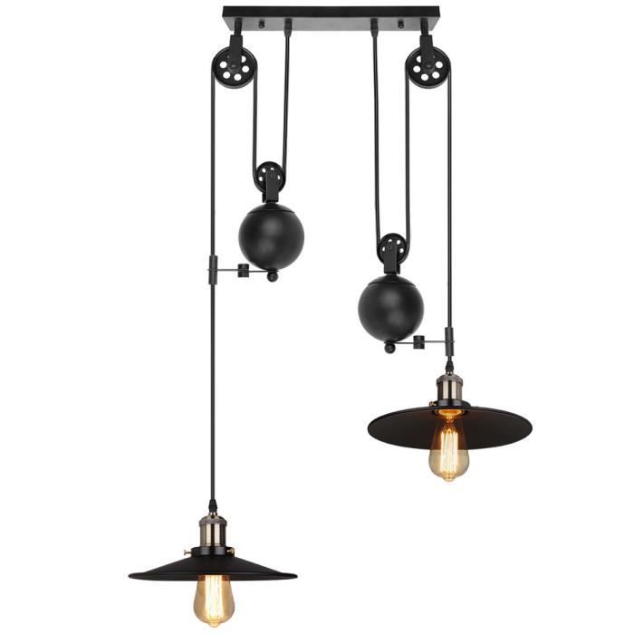 Lustre Industriel 2 Luminaires avec Fil 2 0M DIY Lampe Suspension avec Poulie en Métal E27 en Forme Chapeau pour Chambre Salon Noir