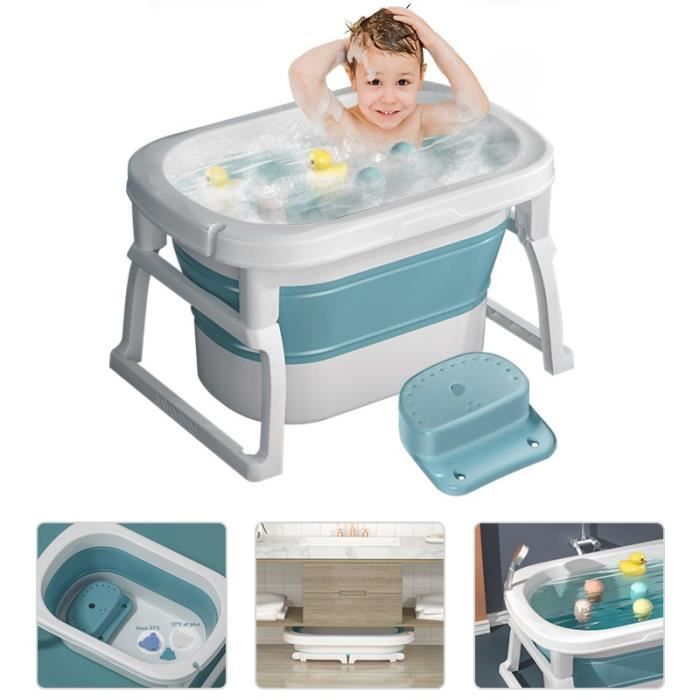 Baignoire bébé Pliable pour 24 mois-10 ans Enfants avec Siège de bain, Portable Baignoire avec Température Bouchon de vidange Bleu