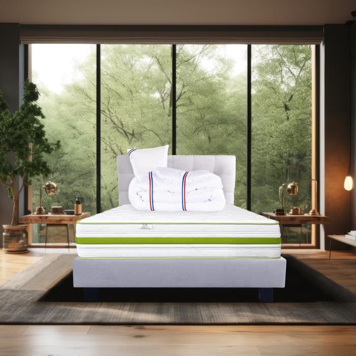 Ensemble matelas Rêverie 30 cm mémoire de forme ferme réversible+sommier gris ep20cm + oreiller + couette + TDL Ensemble matelas Rêverie 30 cm mémoire de forme ferme réversible+sommier gris ep20cm + oreiller + couette + TDL