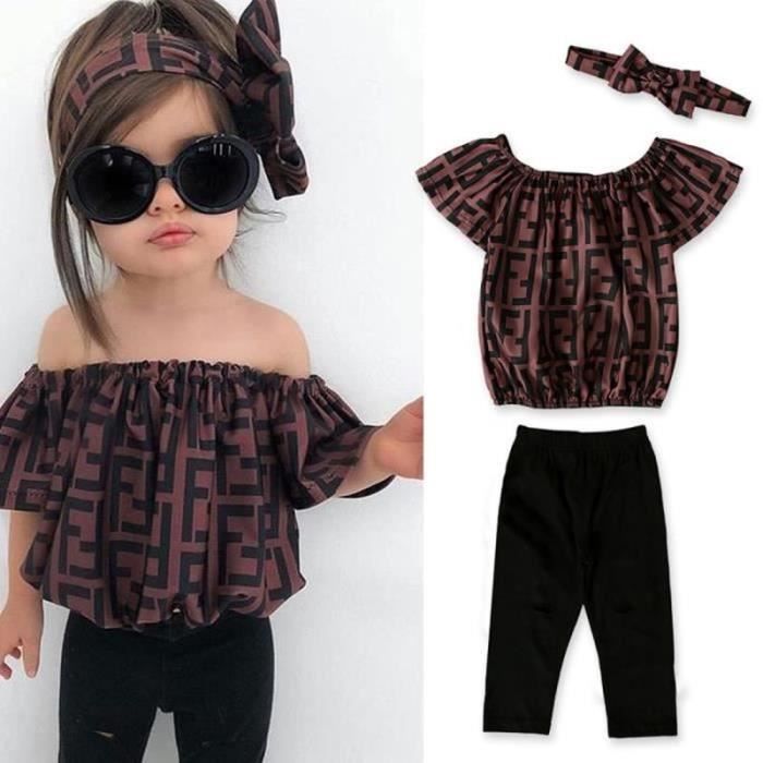 ENSEMBLE DE VETEMENTS 1-6 Ans Bébé Enfant Fille 3 PCS Ensemble de Vêtement  : Haut Marron + Pantalon Noir + Bandeau Cheveux