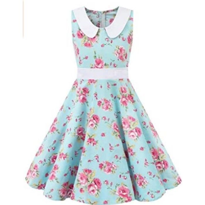 Robe Ceremonie Vintage Fille Enfant Robe Rockabilly Annee 50 60 Retro a Pois Polka Dot Imprime Floral Robe Pin Up de Soiree Fete Fleuri Bleu Cdiscount Pret a Porter