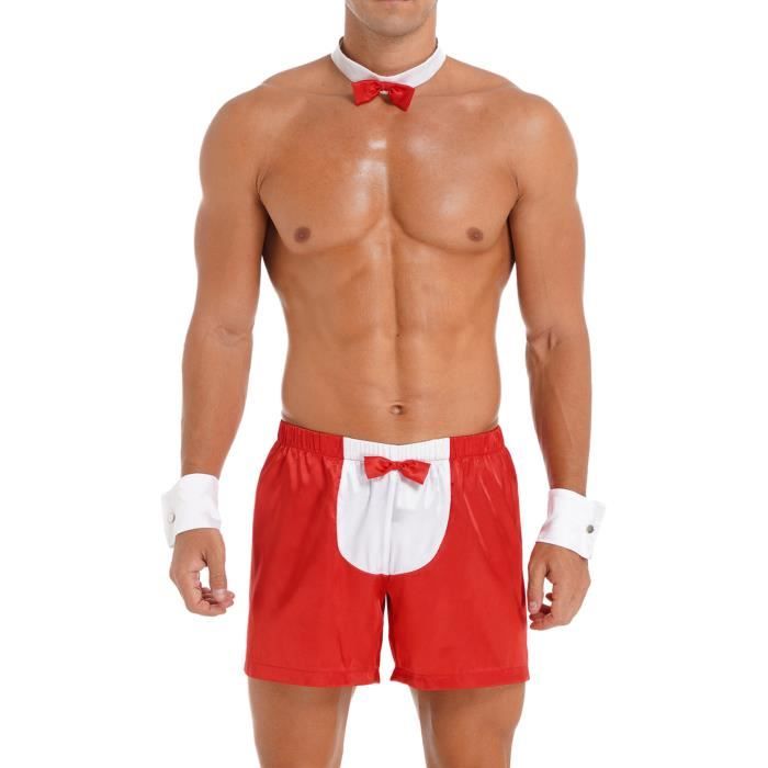 Iixpin Costume Serveur Homme Sexy Tenue Soubrette Déguisement Père Noël Clubwear M3XL Rouge