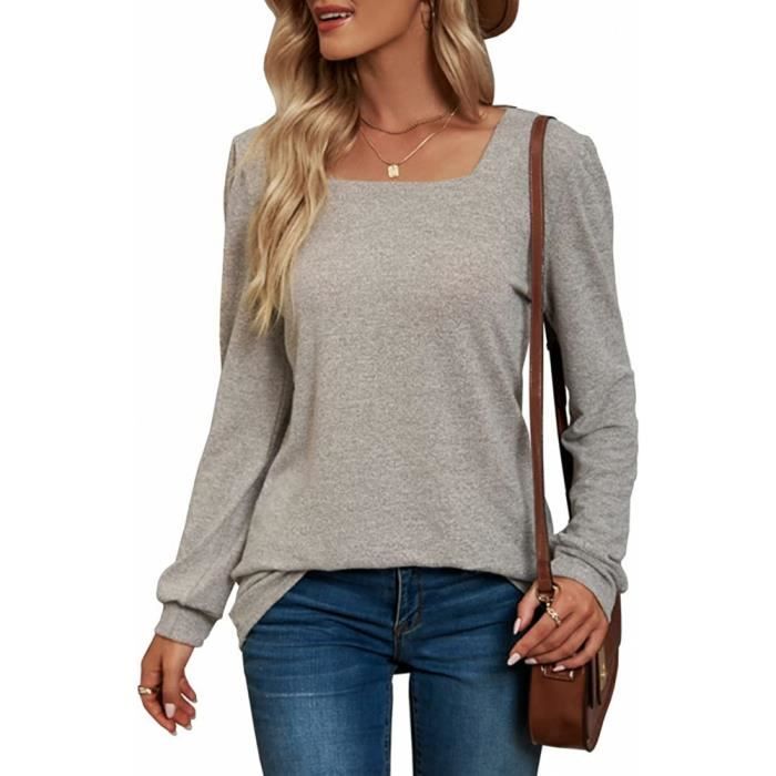 Femme Pull Col Carré Décontracté Sweater Tricoté à Manches Longues Chandail Lâche Casual