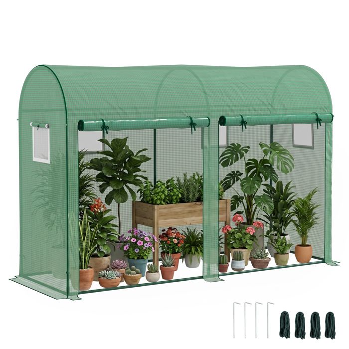 Serre de jardin - Outsunny - petite serre de balcon bâche pe portes et fenêtres roulantes - acier - 300 x 100 x 200 cm - vert