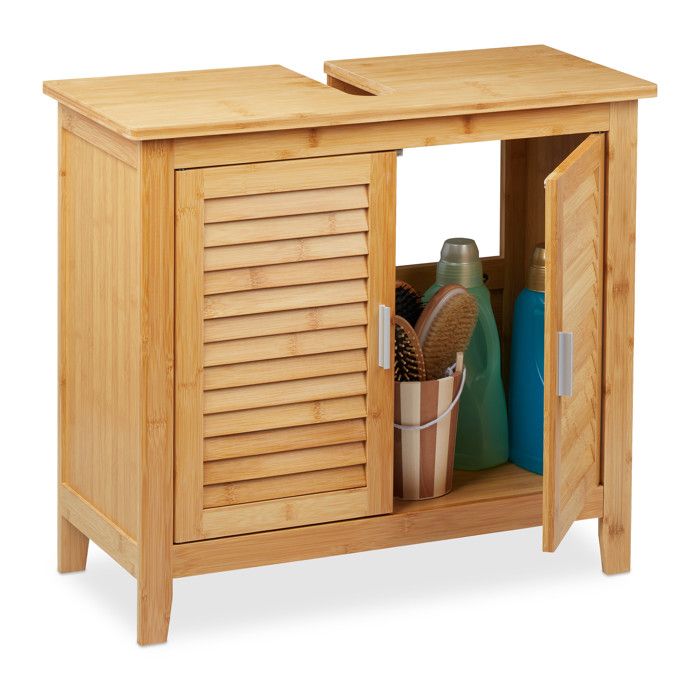 Relaxdays Armoire dessous lavabo bambou 60x67x30 cm 1 grand compartiment 2 portes magnétique salle de bain nature