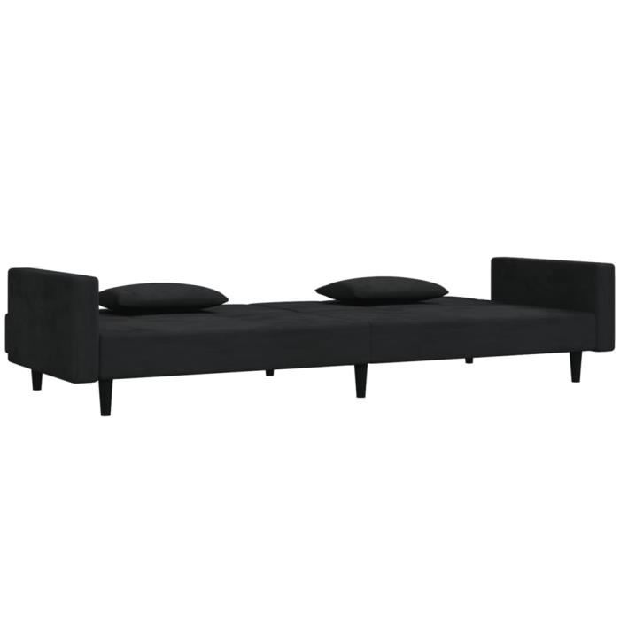Canapé-Lit 2 Places Velours Noir Convertible – Lit D’Invité Avec Oreillers, Dossier Réglable, Design Moderne Pour Salon Ou Chambre