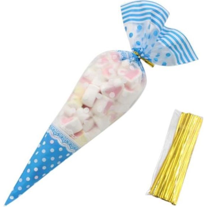 Liens de Fil pour Bonbons Friandises Pochette de Cadeau Décoration danniversaire/Fête/Mariage/Noël AGOER 200pcs Sac à Bonbons Anniversaire OPP Sachet Transparent de Cellophane Triangulaire 
