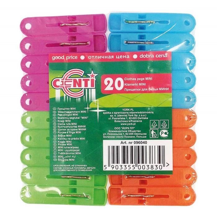 Lot De 20 Pinces à Linge MONOBLOCK Dry-Smart Ultra Solides - Sans Métal, Colorées Et Résistantes