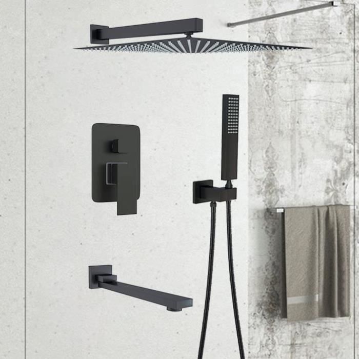 Colonne de Douche Encastrée Noir Lation-Ensemble Douche Encastrable -Tête de douche carrée 25cm-3 modes-Mitigeur Baignoire à Cascade