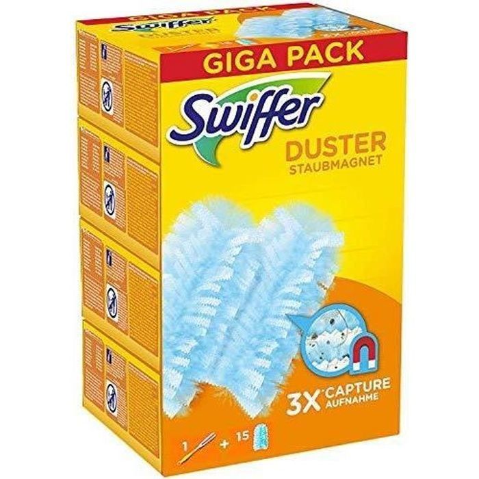 Swiffer Duster Plumeau Poussière Kit Attrape & Retient, Kit 1 Manche et 15  Recharges, Attrape Et Retient Jusqu’À 3 Fois Plus De
