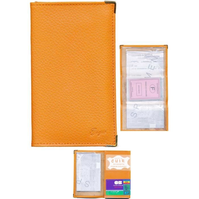 Porte papiers voiture orange format permis carte made in france simili cuir