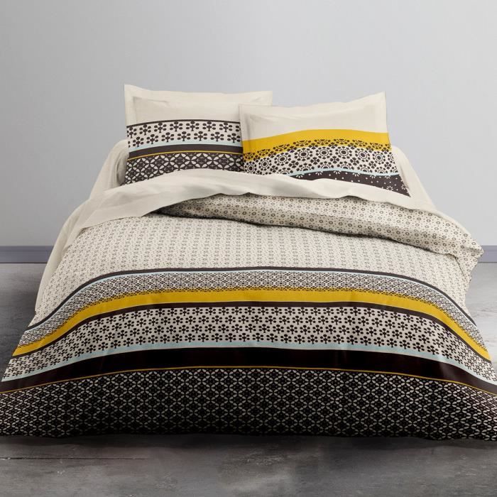 Housse De Couette 240x260 2 Taies Casablanca 100 Coton Blanc Gris Jaune Noir
