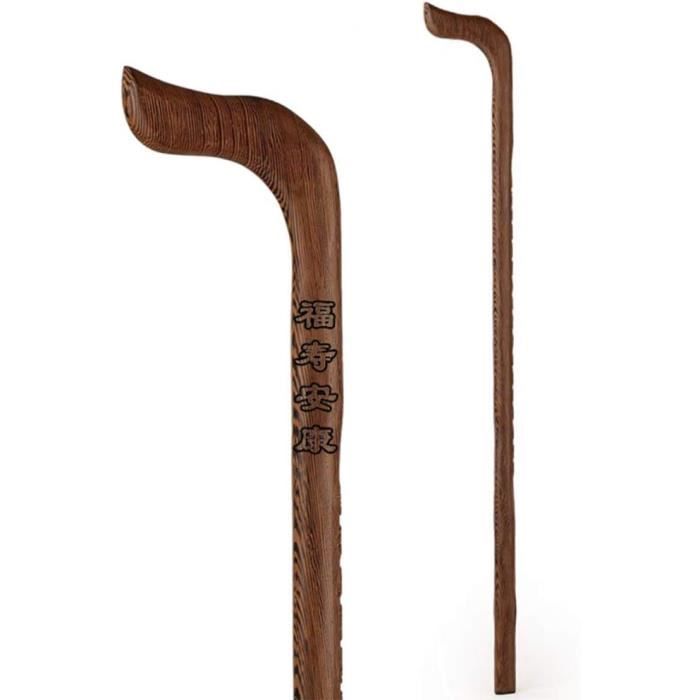 Bâton De Marche / Canne En Bois Massif - Sculpté, Pommeau Visage Gravé Os - Longueur Réglable 35-36" - Occasion Bon état