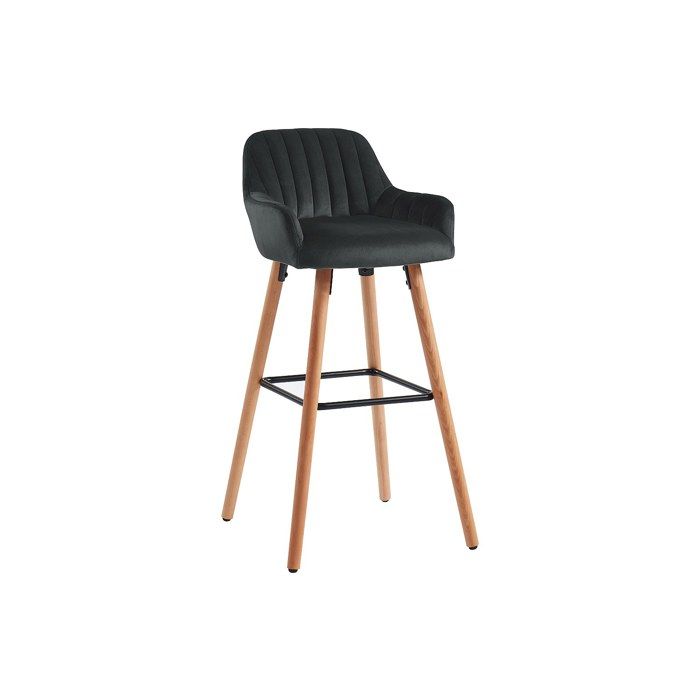 Tabouret de bar en velours et pieds bois de hêtre - Noir - ELEANA Tabouret de bar en velours et pieds bois de hêtre - Noir - ELEANA