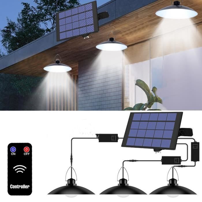 lampe solaire extérieur, trois tête ip65 étanche lustre solaire avec télécommande pour jardin/pergola/balcon/terrasse