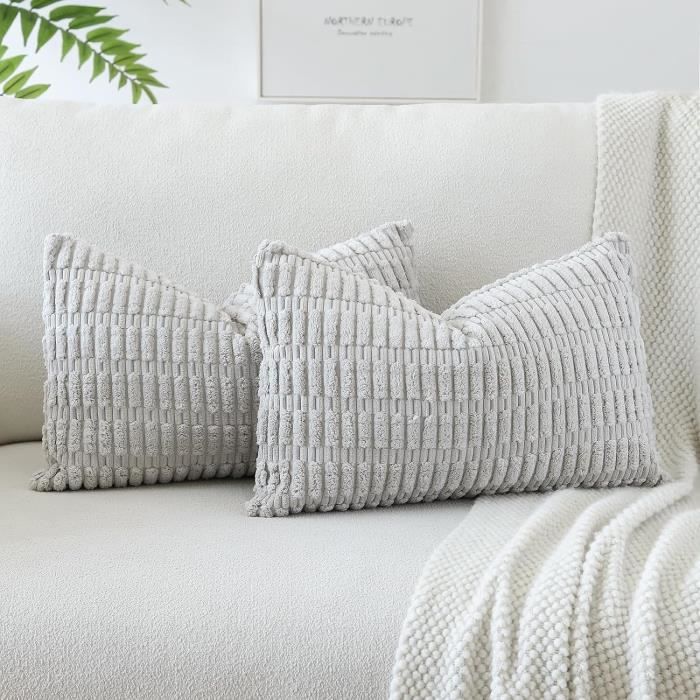 Lot de 2 Housses de Coussins en Velours Côtelé Décoratif Canapé Taie doreiller Doux Decoration 30x50cm Gris Clair