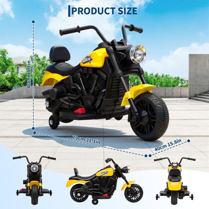 Moto électrique Enfant 6V – 3-6 Ans, Avec Roulettes, Phares, Musique Et Klaxon – Normes CE