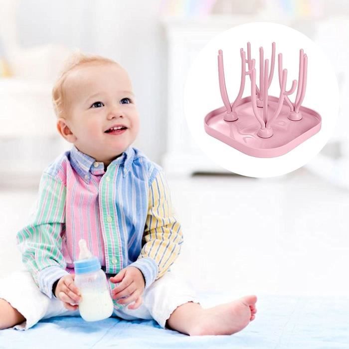 auvstar Sèche Biberons avec Brosse de Nettoyage Egouttoir Biberons,Egoutte Biberons,Amovible Séchoir pour Bébé Bouteilles,Grand Support Vertical pour Le Séchage des Biberons avec Bac d'égouttage(Rosa