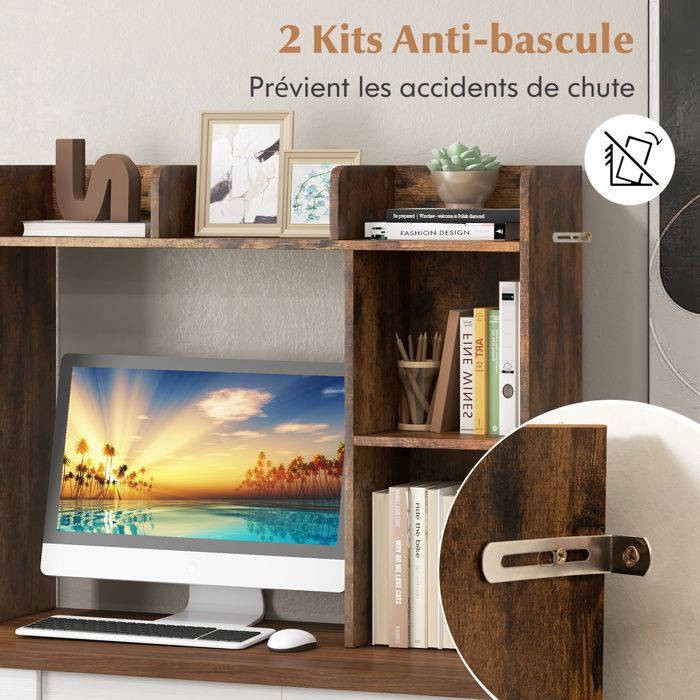 Bibliothèque Bureau GIANTEX - 6 étagères En Bois, Support écran Jusqu'à 32", Réglable, Blanc