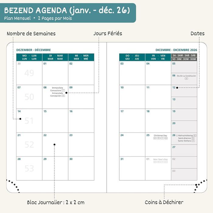 BEZEND Petit Agenda 2026 De Poche 12x8cm Bi-Journalier - Cuir PU Rigide Noir, Semainier