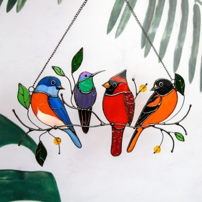 Carillon à vent en poterie avec oiseau, peinture à la main, vert