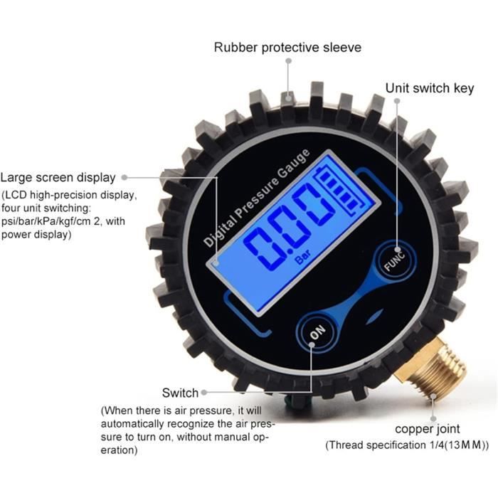 Jauge de pression des pneus Manomètre digital numérique testeur de pression  d'air de pneu camion 0-200PSI LCD - Cdiscount Auto