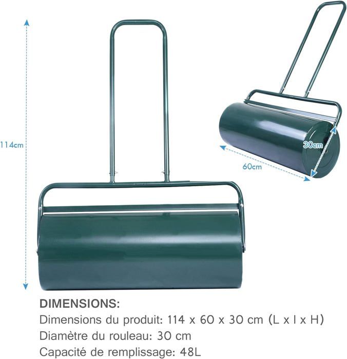 Rouleau à Gazon KESSER 60 Cm – 48L Remplissable Eau/Sable, Métal Robuste Avec Déflecteur Saleté, Jusqu'à 60 Kg, Vert