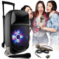 Enceinte Autonome Karaoke sur batterie 300W Bluetooth PARTY-8LED 2 micros filaires - Tuner - Fête Soirée Anniversaire