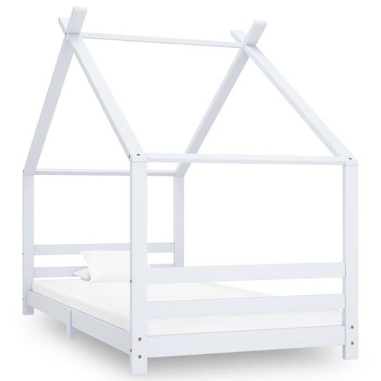 Cadre de lit d'enfant - 3424 - Cabane Maison - Blanc - Bois massif - 90 x 200 cm