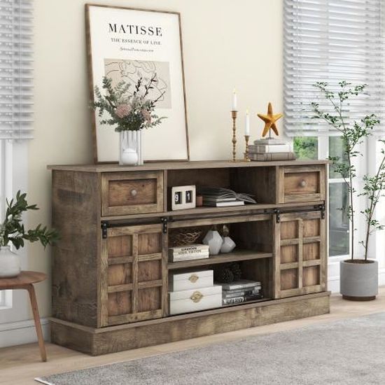 Meuble TV Bas 4 Portes Effet Bois Vintage - Meuble TV