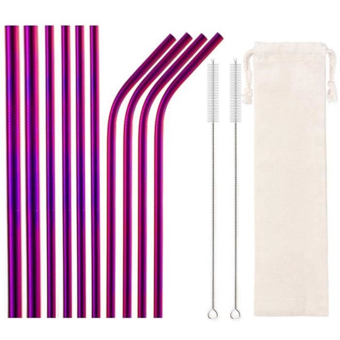 Accessoires bar,Pailles réutilisables pour boissons, avec brosses de nettoyage, paille en acier inoxydable - Type Purple White Bag