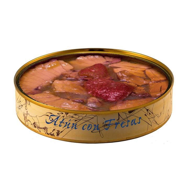 Thon aux fraises de 280 grammes. Conserves de poissons gourmandes et artisanales fabriquées à Barbate (Espagne)