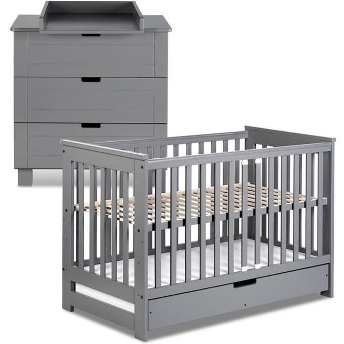 IWO Ensemble commode à langer + lit évolutif bébé 120X60 + tiroir Gris