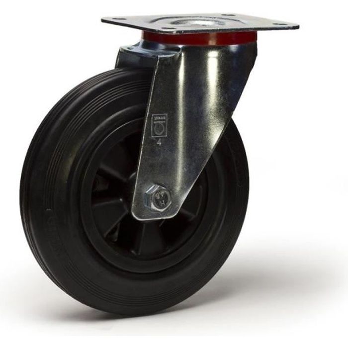 Roulette caoutchouc noir pivotante diamètre 200 mm fixation à platine