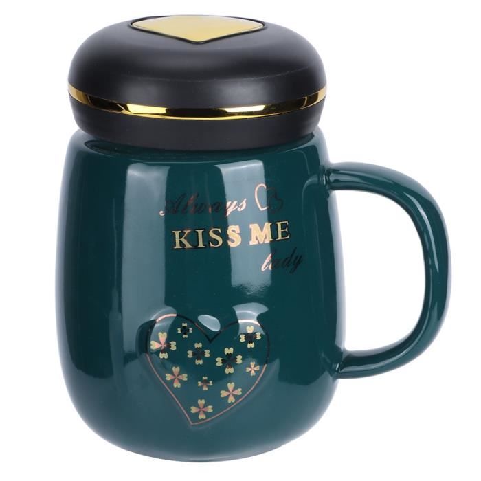 QIW-Tasse en Céramique Tasse à Thé au Café de Lait Motif Coeur Moderne avec Couvercle pour Bureau Domicile(Vert 500 ml)