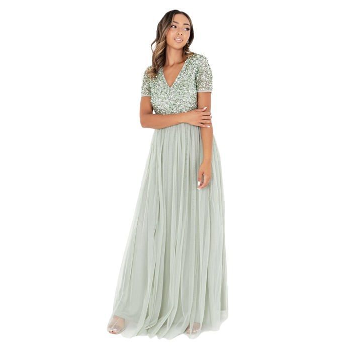 Maya deluxe AZ2617 MM GRNLLY Maya Robe Longue Decoree avec Decollete en V Demoiselle d honneur Femme Vert Cdiscount Pret a Porter